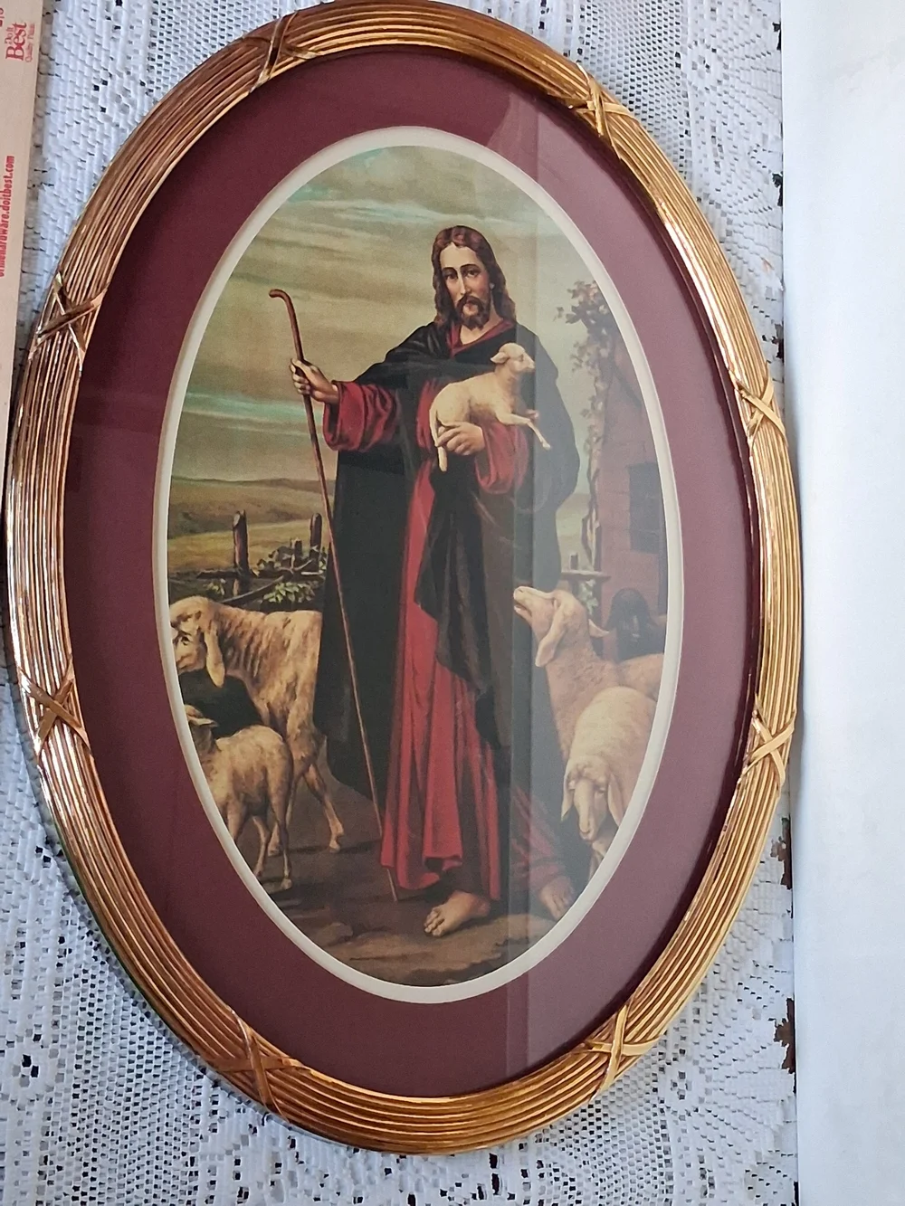 Vintage Jesus Good Shepherd Framed Print Lamb Sheep Gold Oval Frame 22